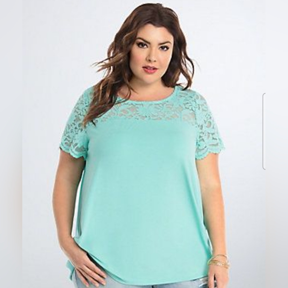 torrid Mint Lace Yoke Short Sleeve Blouse